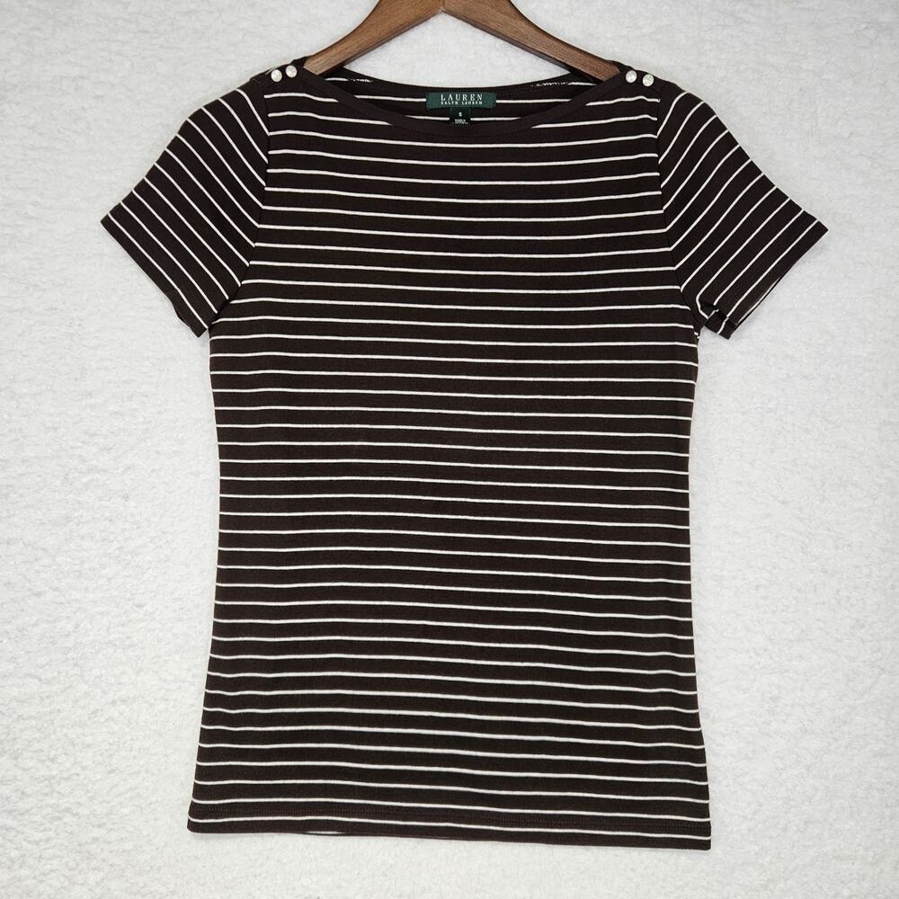 Lauren Ralph Lauren 100% Cotton Striped Boat Neck Short Sleeve Top Women's Small